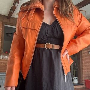 Orange Leather Jacket with Fur Collar